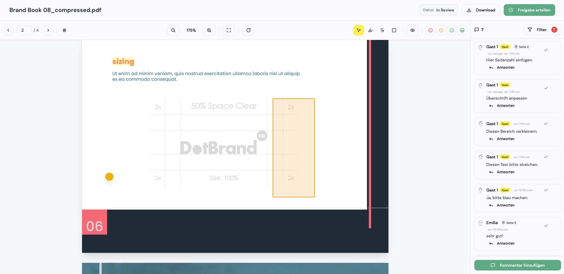 Mit draftgo.io kannst du beispielsweise pixelgenaue Anmerkungen verfassen, Bereiche markieren und Texte durchstreichen.