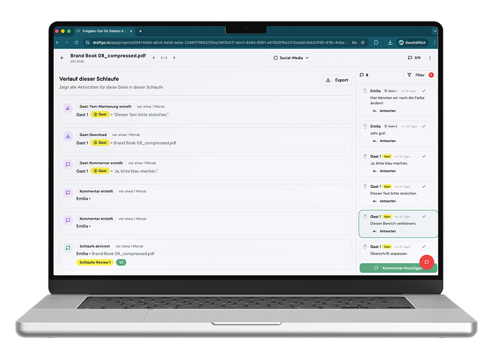 In draftgo gibt es einen transparenten Aktivitätslog